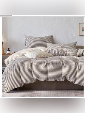 FULL Striped Duvet 3Pc Set with Zipper & Corner Ties 100% Cotton - TAN & WHITE